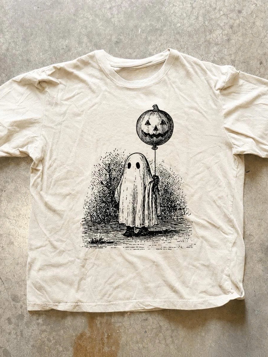 Ghost Holding Jack-O'-Lantern Balloon Graphic Tee - Cream